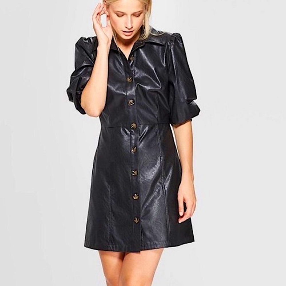 Who Wore What faux leather button up dress.